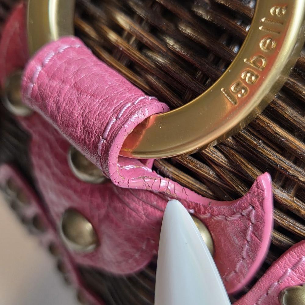 VTG Isabella Fiore Pink Leather Wicker Satchel Studded Trim Boho Handbag Rare - Picture 5 of 16